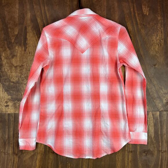 Wrangler Womens Shirt Orange White Plaid Pearl Snap Button Down Small - Picture 11 of 13